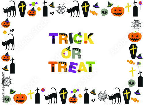 Halloween background with stylized holiday elements (pumpkin, cat, spider web, skull, candy) 