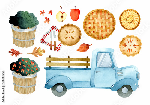 Apple pies for Thanksgiving watercolor elements set