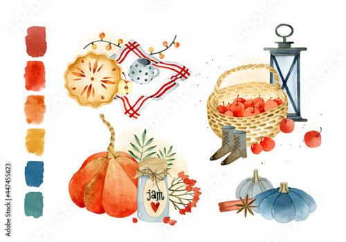 Autumn compositions with palette watercolor elements collection