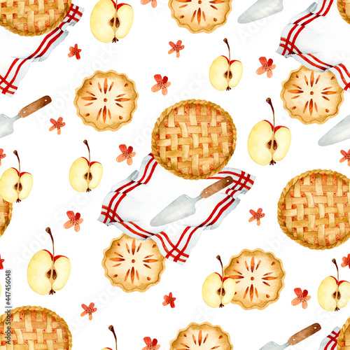 Apple tasty pies watercolor Thanksgiving seamless pattern	
