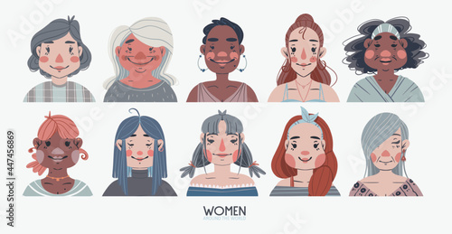 group of women. different multicultural faces. icon or avatar. Blue version © Estelle