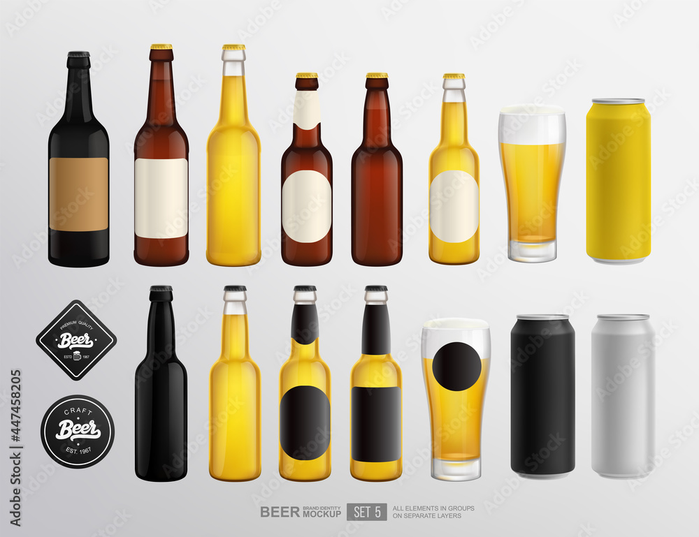Blank Mockup set of realistic Glass Beer Bottles and Tin Cans for brand identity design and logo presentation. Vintage beer logo template. Black and white bottle labels Blank Mockup set of realistic Glass Beer Bottles and Tin Cans for brand identity design and logo presentation. Vintage beer logo template. Black and white bottle labels