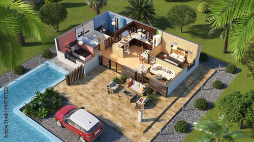 3D floor plan of villa with pool © Max Sergovskiy