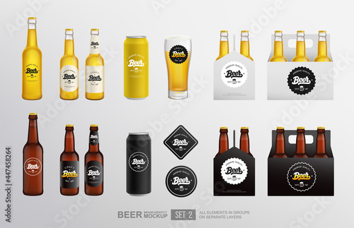 Realistic Beer Mockup set of glass bottle, aluminium Tin Can, packaging box. Beer Bar and Pub Branding items mockup set with vintage lettering beer logo. Vector template