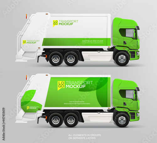 Realistic Garbage Waste Truck with concept of green brand identity design vector mockup. White and green eco garbage truck for logo presentation, advertising and brand identity design on transport