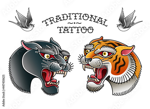 Black Panther and Tiger Head Traditional Old school tattoo sticker decal collection. Tattoo set of retro style panter and tiger head isolated from white background, grouped and on separate layers