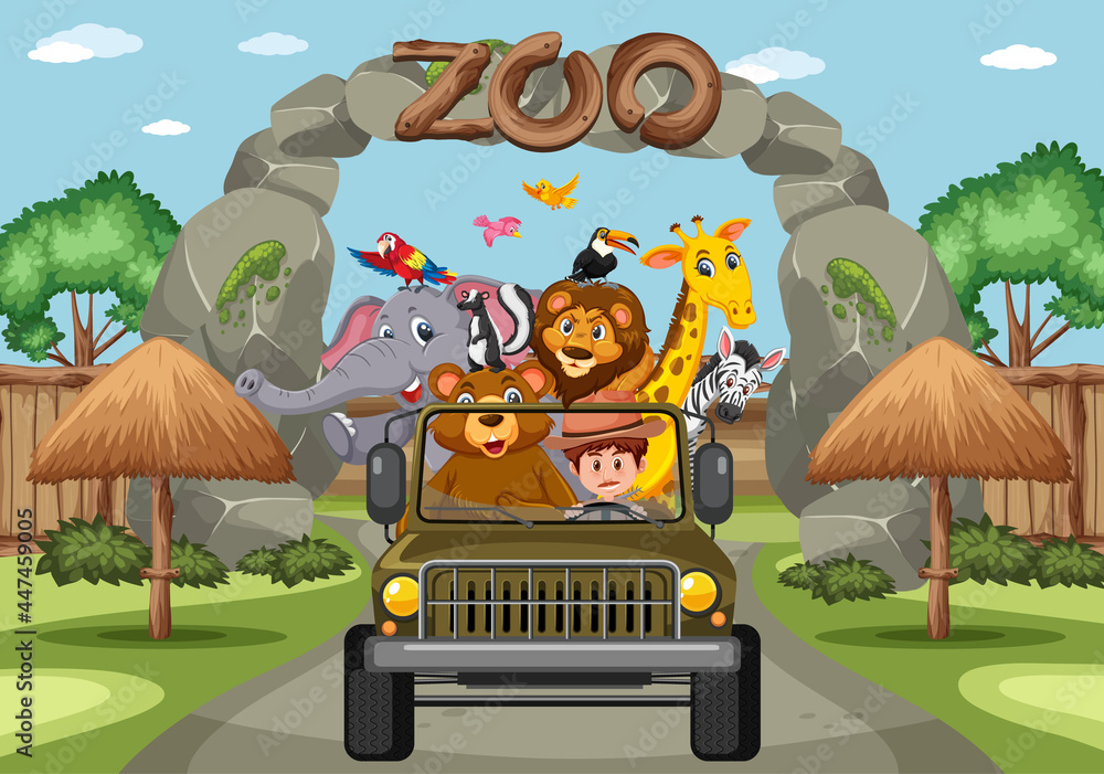 Zoo scene with happy animals in the car Adobe Stock