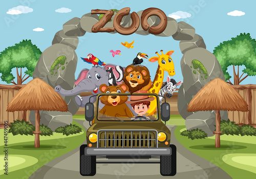 Zoo scene with happy animals in the car
