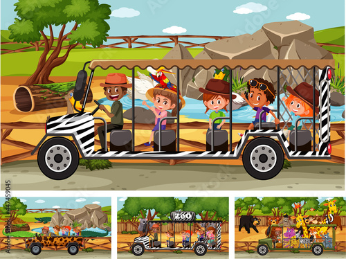Different safari scenes with animals and kids cartoon character