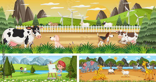 Set of different outdoor landscape scenes with cartoon character