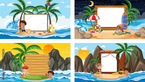 Set of different tropical beach scenes with blank banner