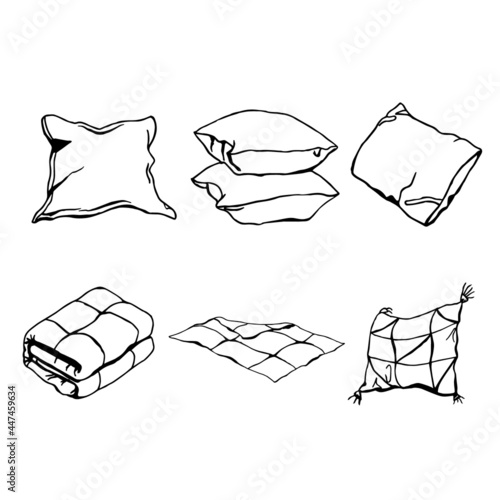 Doodle vector set of pillows and blankets, pillowcases and duvet covers on a white background is isolated