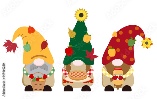 Cute fall vector gnomes illustration with apple basket, apple pie on a plate, apple jam in a glass jar, apples, leaves. Isolated on white background.