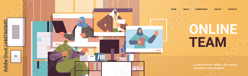 arab businesspeople discussing with colleagues in web browser windows during video call virtual conference