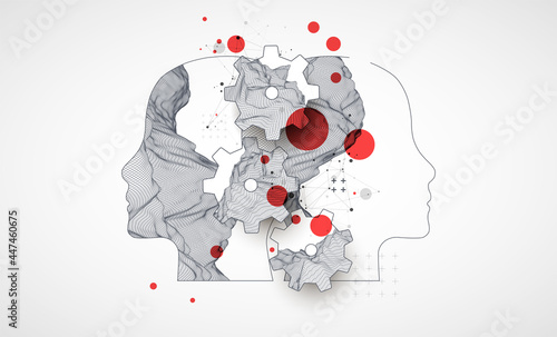 Topography in the contour. The human head is made in the style of a frame with gears. Vector art.