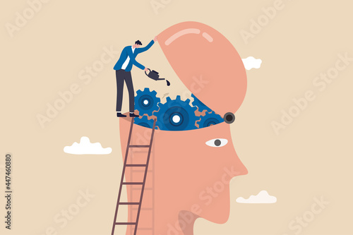 Brain maintenance, fixing emotional and mental problem, boost creativity and thinking process or improve motivation concept, man climb up ladder to fix and lubricate gear cogs on his brain head.