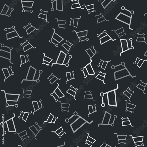 Grey Shopping cart icon isolated seamless pattern on black background. Online buying concept. Delivery service sign. Supermarket basket symbol. Vector Illustration