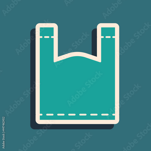 Green Plastic bag icon isolated on green background. Disposable cellophane and polythene package prohibition sign. Long shadow style. Vector Illustration