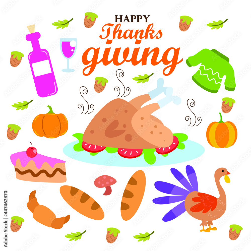 Thanksgiving hand drawn Doodle cartoon set of objects and symbols