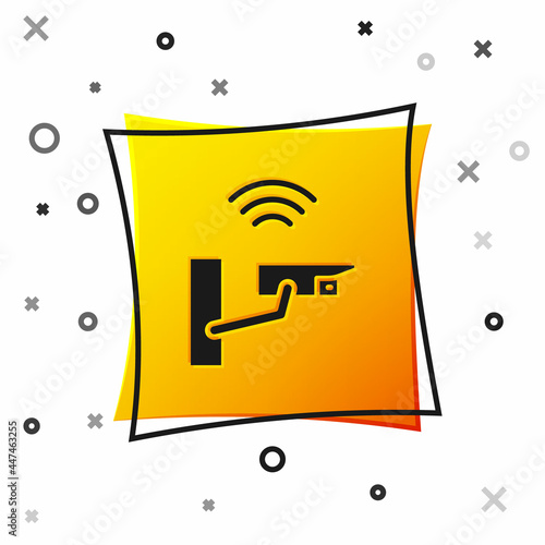 Black Smart security camera icon isolated on white background. Internet of things concept with wireless connection. Yellow square button. Vector