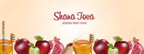 Happy Rosh Hashanah Jewish text "Shana Tova" Jewish New Year holiday. Torah, Honey and Apple, Shofar, Pomegranate, Star of David, Rosh Hashanah are traditional symbols of the Jewish New Year
