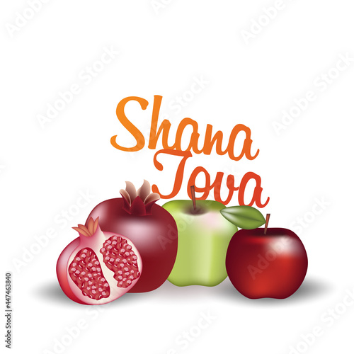 Happy Rosh Hashanah Jewish text "Shana Tova" Jewish New Year holiday. Torah, Honey and Apple, Shofar, Pomegranate, Star of David, Rosh Hashanah are traditional symbols of the Jewish New Year