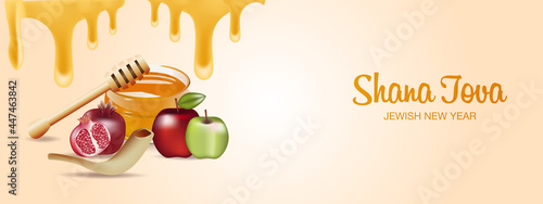 Happy Rosh Hashanah Jewish text "Shana Tova" Jewish New Year holiday. Torah, Honey and Apple, Shofar, Pomegranate, Star of David, Rosh Hashanah are traditional symbols of the Jewish New Year