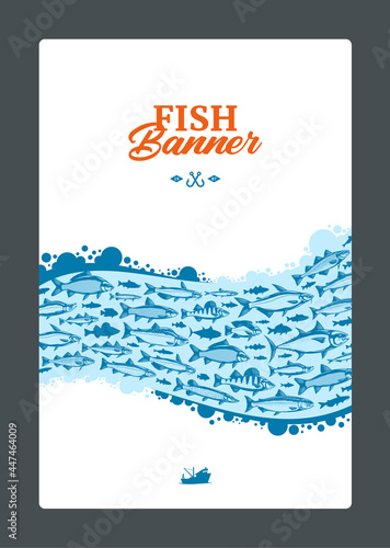 Fish banner or flyer concept with blue fish abstract school on a background for fisheries, fishing, fish markets, packaging or advertising