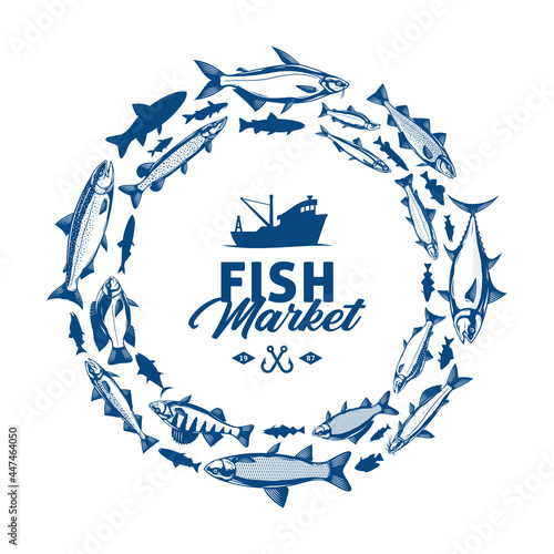 Seafood banner concept with fish illustrations and silhouettes for fisheries, fishing, fish markets, packaging or advertising