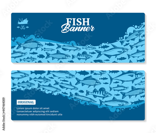Fish horizontal banner or flyer concept with fish illustrations and silhouettes on a background for fisheries, fishing, fish markets, packaging or advertising