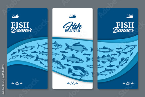 Fish vertical banner or flyer design concept with fish illustrations and silhouettes on a background