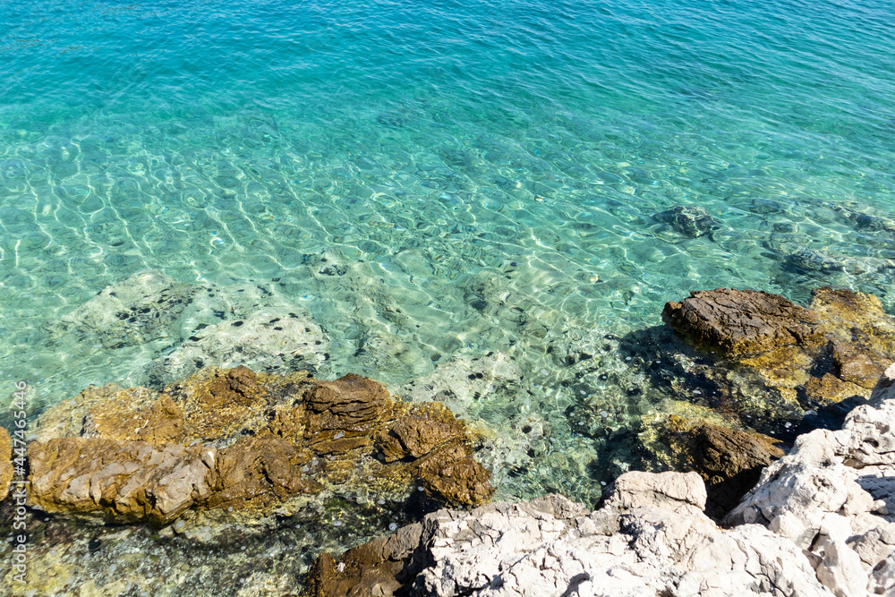 Beautiful, crystal clear sea with sea urchins lying on the bottom at the Rogoznica, small dalmatian town on the Adriatic coast of Croatia