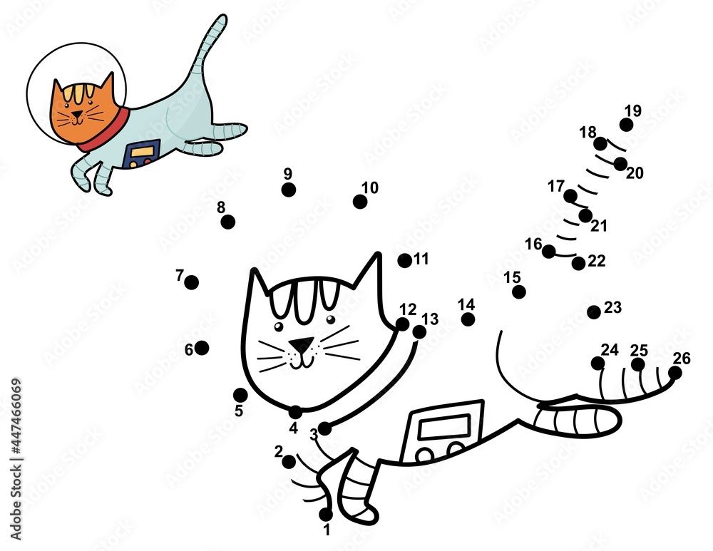 Connect the dots and draw a cute cat astronaut. Space dot to dot game.  Educational page for kids. Vector illustration Stock Vector