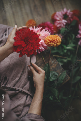 Woman in linen dress sitting on wooden rustic bench and holding red dahlia flower, view above. Rural slow life aesthetic. Autumn season in countryside. Florist arranging autumn flowers bouquet