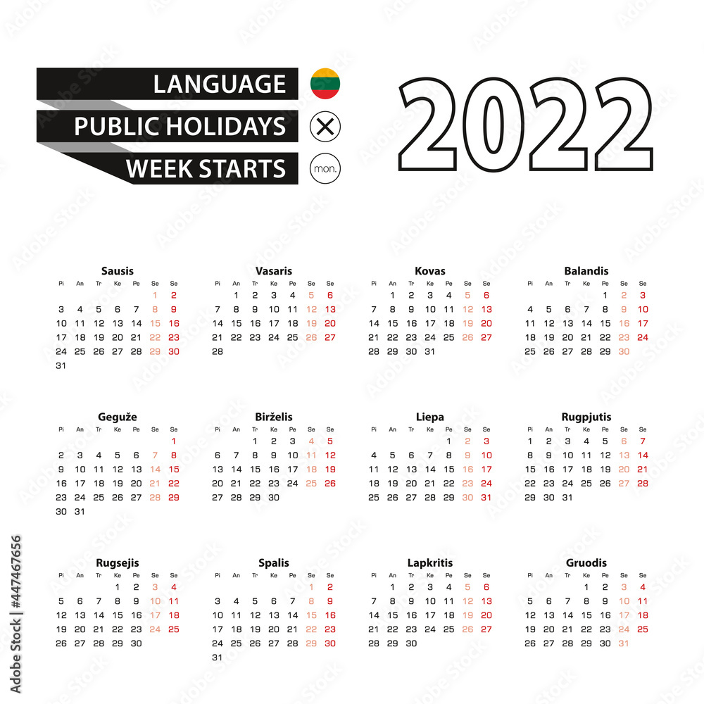 Calendar 2022 in Lithuanian language, week starts on Monday.