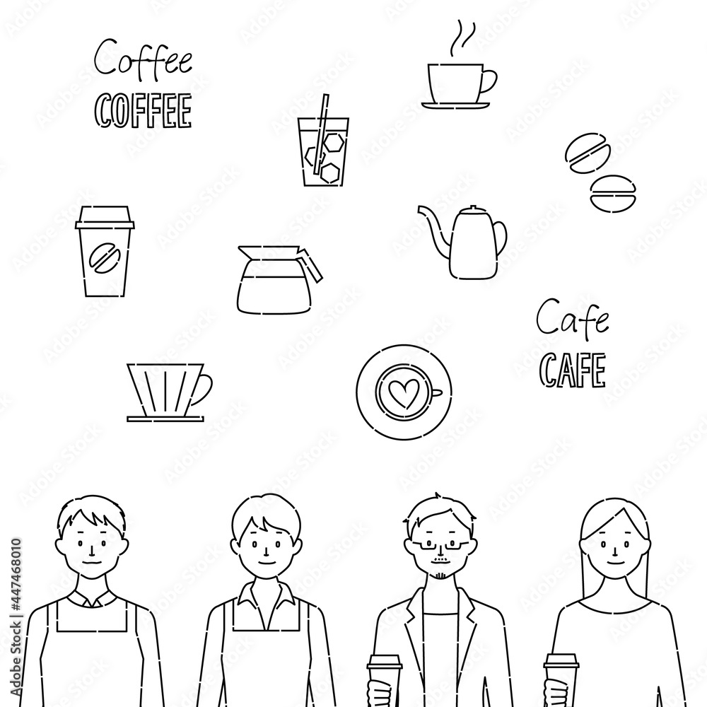 Coffee and cafe illustration, person and icon set (white background, vector, cut out) Coffee and cafe illustration, person and icon set (white background, vector, cut out)