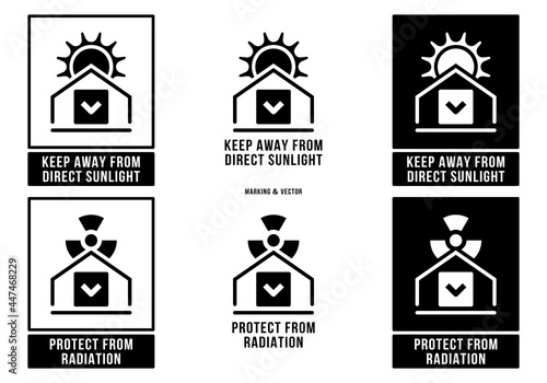 A set of manipulation symbols for packaging products and goods. Marking - Protect from radiation. Marking - Keep away from direct sunlight. Vector elements.
