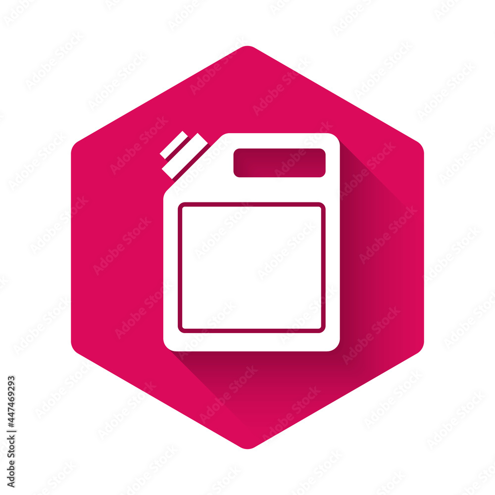 White Canister for gasoline icon isolated with long shadow. Diesel gas icon. Pink hexagon button. Vector White Canister for gasoline icon isolated with long shadow. Diesel gas icon. Pink hexagon button. Vector
