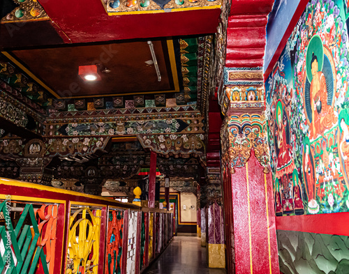 old buddhist monastery decorated wall from low angle