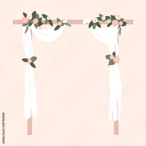 Beautiful wedding arch decorated with flowers and white fabric. Engagement party. Vector template for greeting card, invitation card, poster, flyer. Eps 10
