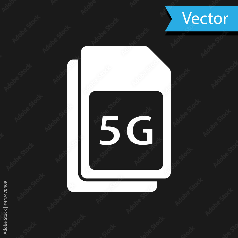 White 5G Sim Card icon isolated on black background. Mobile and wireless communication technologies. Network chip electronic connection. Vector