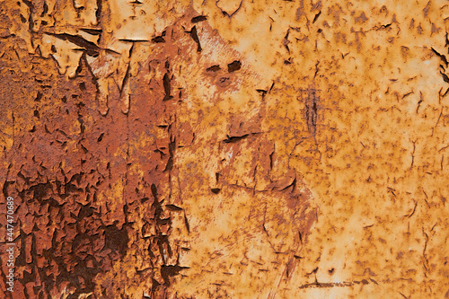 The steel metal surface is rusty. Old paint peels off. Corrosion of iron in air. Corrosion of metal. Aging. Temporary changes. Vintage style. Abstract rusty background