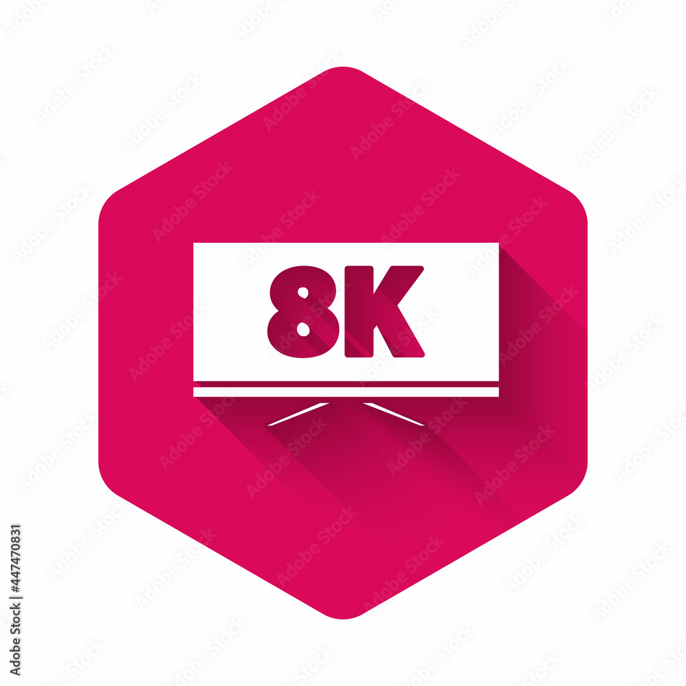 White Screen tv with 8k Ultra HD video technology icon isolated with long shadow. Pink hexagon button. Vector White Screen tv with 8k Ultra HD video technology icon isolated with long shadow. Pink hexagon button. Vector