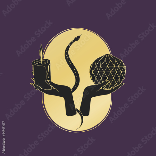 Vintage Mystic Hands holding lit candle and crystal ball on oval shape, with a small snake.