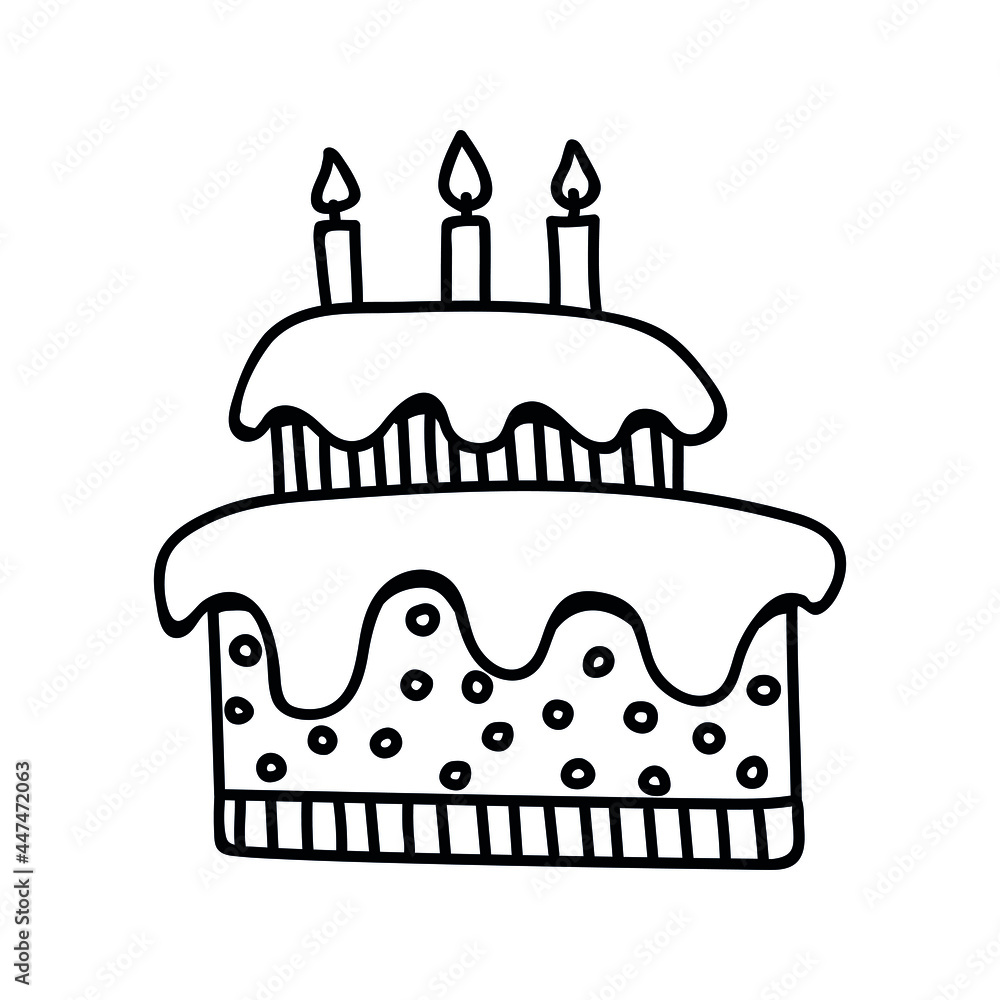 Single hand drawn cake with candles. Doodle vector illustration. Isolated on a white background. Single hand drawn cake with candles. Doodle vector illustration. Isolated on a white background.