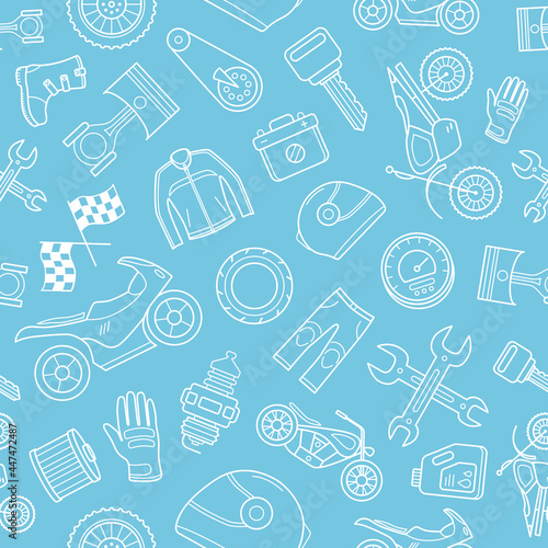 Moto - Vector background (seamless pattern) of motorcycle, engine, wheel, helmet and other parts and accessories symbols for graphic design