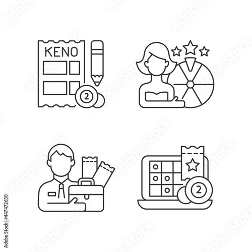 Lottery-like gambling games linear icons set. Matching numbers on keno ticket. Game show. Lottery agent. Customizable thin line contour symbols. Isolated vector outline illustrations. Editable stroke