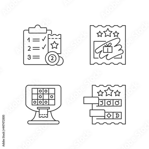 Lottery conduction linear icons set. Lotto session program. Scratch cards. Electronic gambling machine. Customizable thin line contour symbols. Isolated vector outline illustrations. Editable stroke