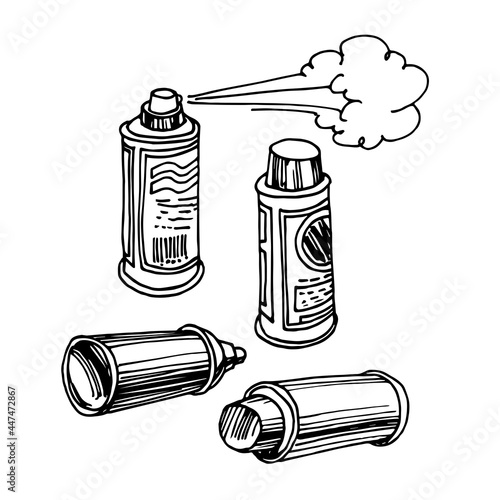 a set of aerosol cans with a cloud, air freshener, graffiti paint, design elements, vector illustration with contour lines in black ink isolated on a white background in a hand drawn and doodle style