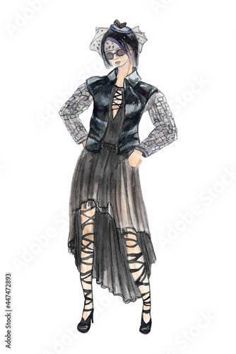 Fashion model. Young woman in black dress with leather bomber isolated on the white background. Handdrawn Illustration